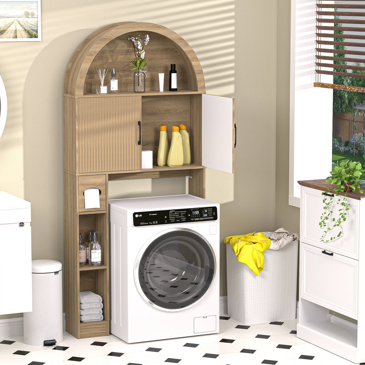 HARIPUL Over The Toilet Storage Cabinet w/ Unique Wood Grain & Arc Design, Freestanding Bathroom Shelf Organizer Space Saver w/ Doors & Anti-Tip Device, Wood Color