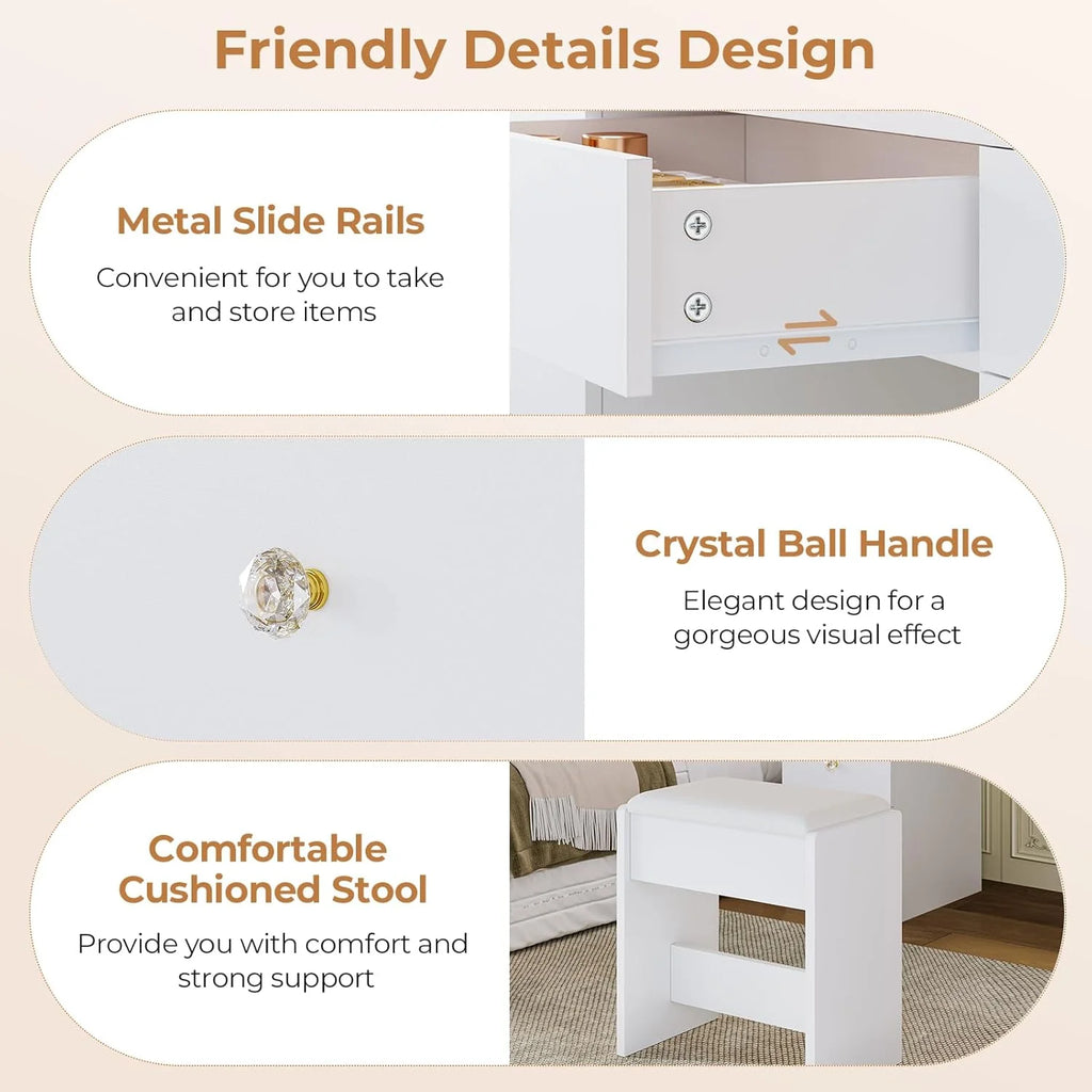 Aunfebrco White Vanity Desk Makeup Vanity Table with Mirror and Lights and Charging Station, Large Dressing Table with Storage Cabinet&6 Drawers&4 Storage Shelves for Bedroom