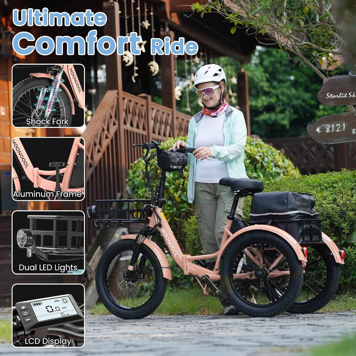 MOONCOOL TK1 Folding Electric Tricycle for Adults,48V 14.5Ah Removable battery, 500W（Peak 1000w）Motor, 20" Fat Tire Step-Thru 3Wheel Electric Bicycle w/Front&Rear Baskets, Certified to UL 2849 by SGS