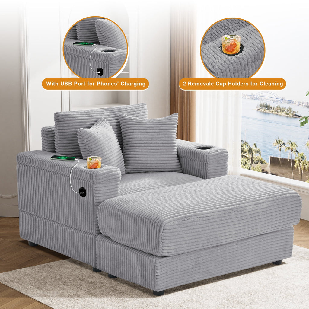 Wiilayok Oversized Lounge Chair Indoor,54" Corduroy Cloud Chaise Lounge Couch Indoor with Ottoman,Cup Holder for Living Room,Bedroom,Beige