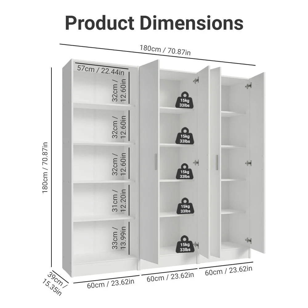 Madesa Garage Set 3 Pantry Storage Cabinet with 15 Utility Shelves 71"L Wooden Organization Unit for Garage - White