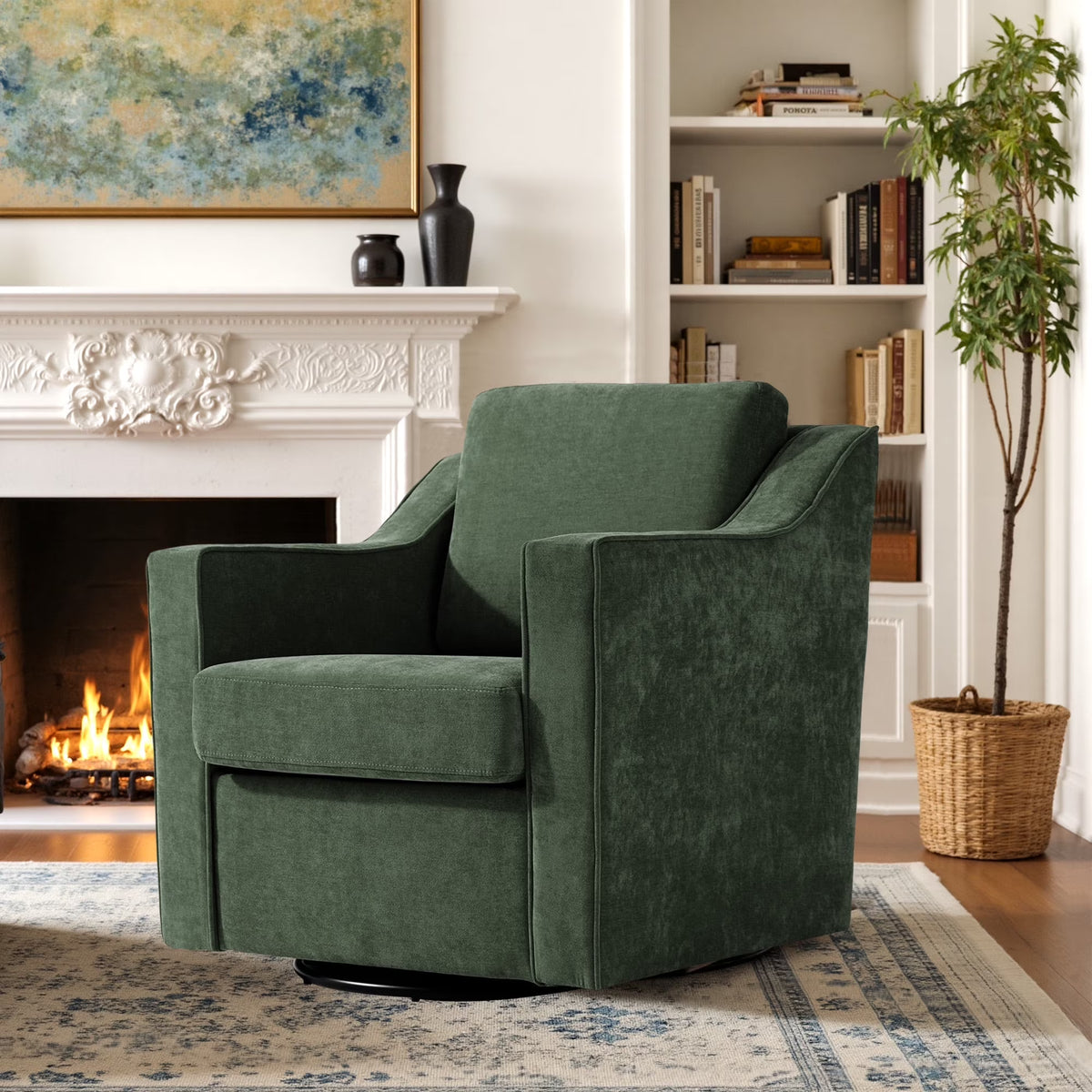 Swivel Accent Chair for Living Room, Modern Upholstered Barrel Arm Chair with Plump Back Pillow, Comfy Club Sofa Reading Chair for Adults (Chenille Navy, Set of 1)