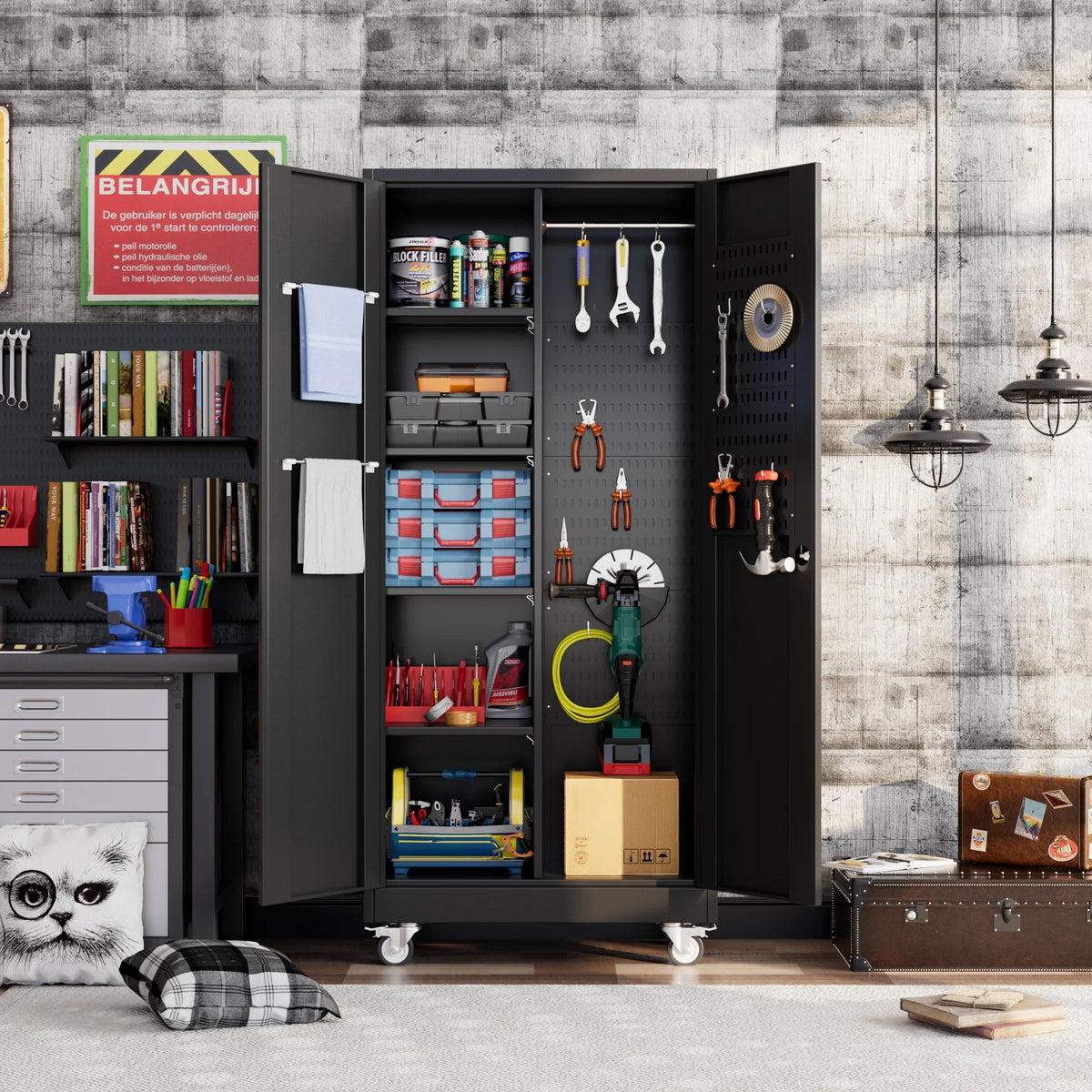 SUPEER 71" Metal Storage Cabinets with Wheels and Pegboards, Industrial Cabinet with 2 Drawers and 2 Adjustable Shelves,, Assembly Required