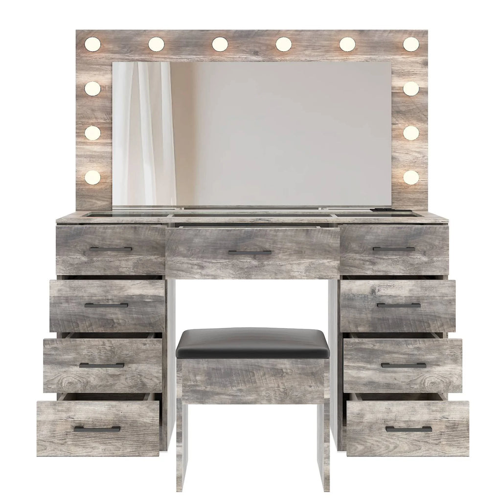 Ktaxon Large Makeup Vanity, Vanity Table Set w/ Visible Glass Top w/ Charging Station, White