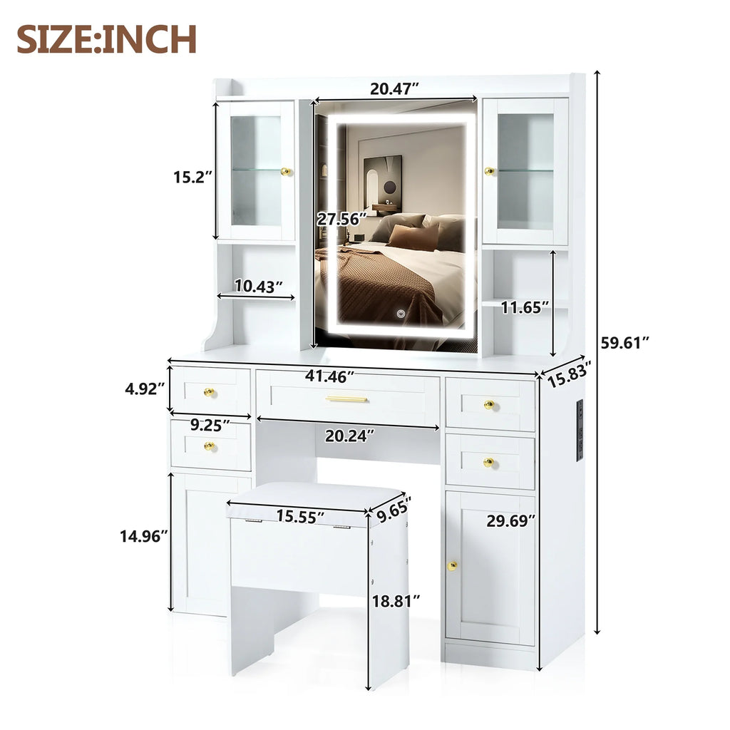 PORKISS Makeup Vanity with Mirror, Vanity Desk Set with 3 Colors Lights, Charging Station and Cushioned Storage Stool, Modern Dressing Table with 5 Drawers and 4 Cabinets for Bedroom, White