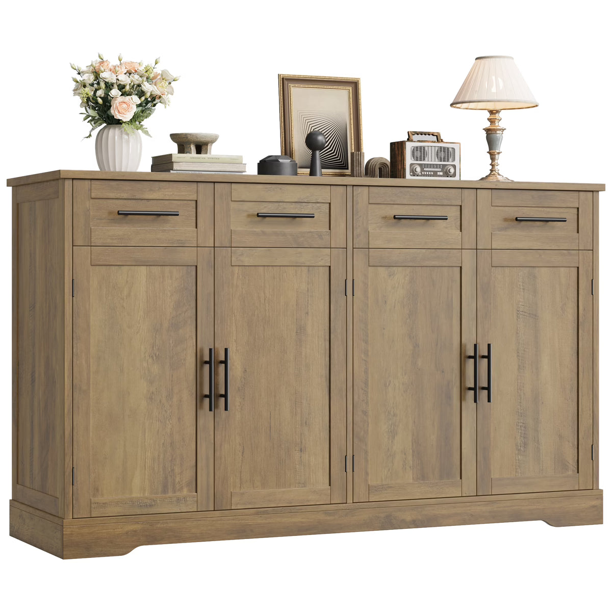 Homfa Farmhouse Buffet Cabinet with 4 Drawers and 4 Doors, 59" W Sideboard Buffet Storage Cabinet with Shelves, for Kitchen Living Room Bedroom, Wash Gray