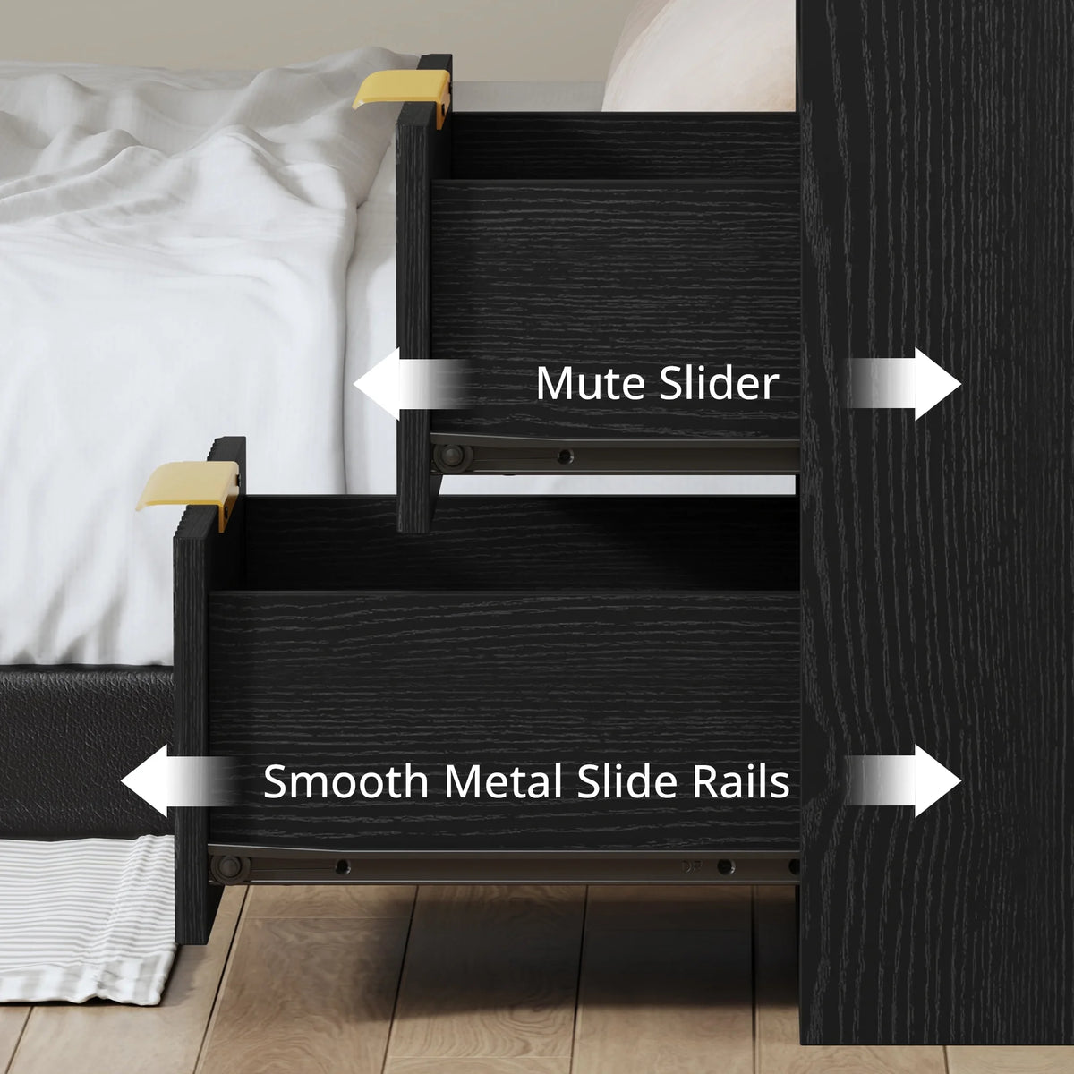 LIKIMIO Nightstand Set of 2, Fluted Bedside Table with Drawer Storage, Modern End Table Bedside Stand for Bedroom Living Room Office, Black