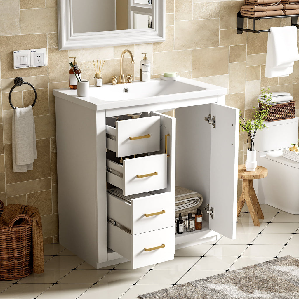 ENSHUI 30-Inch Bathroom Vanity with Ceramic Sink Combo, Solid Wood Frame, 4 Drawers, Soft Closing Doors, Green