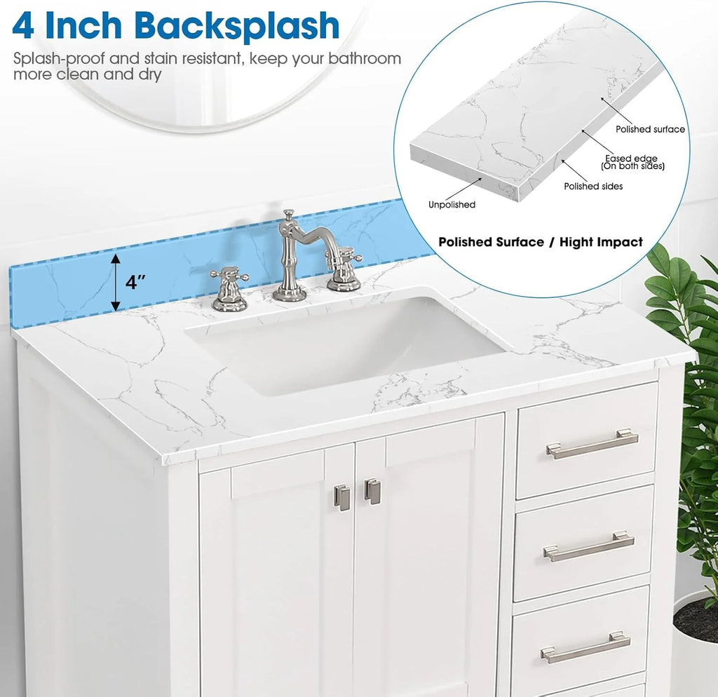 36x22 Engineered Stone Vanity Sink Top, White Bathroom Countertop with Undermount Left Sink, Vanity Top with 8 inch 3 Faucet Hole Spacing and Backsplash