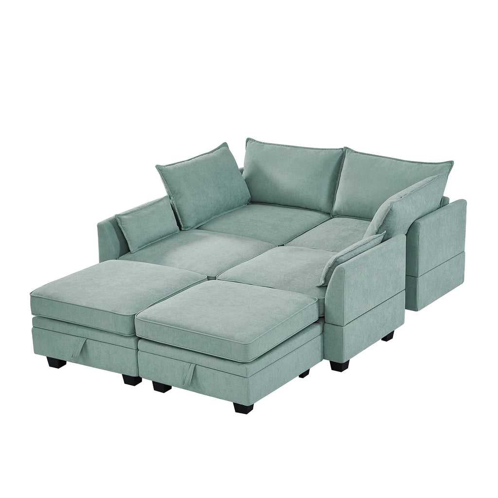 Euroco Large U-Shaped Sectional Sofa 6 Seat Convertible Sofa with Storage Seat, Modular Sofa with 2 Stools, Green