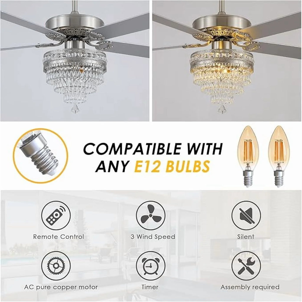 YIOSI 52" Crystal Ceiling Fan Fandelier with Remote Control, Modern Chrome Chandelier Ceiling Fan, Whisper-Quiet Motor, Reversible Blades, LED Lighting, Energy-Efficient, Elegant Living Room Fan