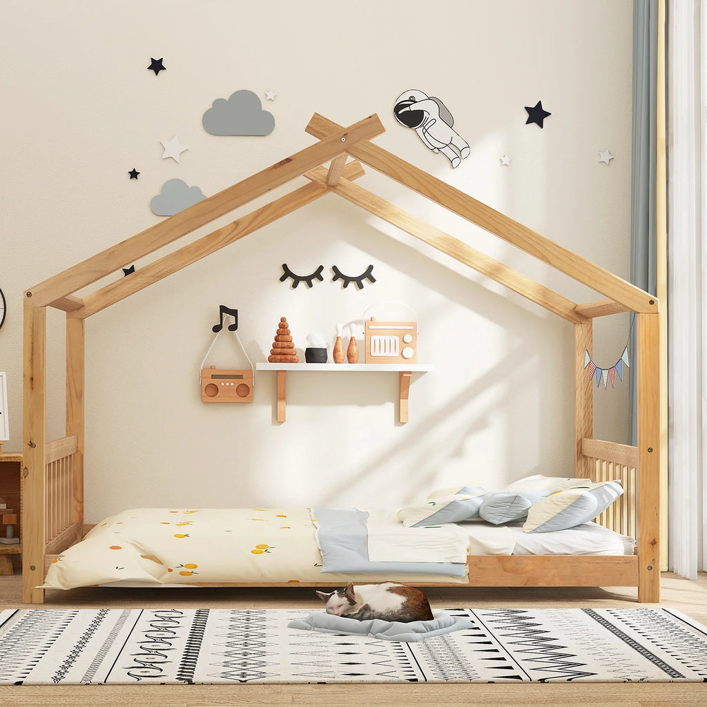 Euroco Wood House-Shaped Twin Platform Bed for Kids, Low Profile House Bed, No Box Spring Needed, Wood Color