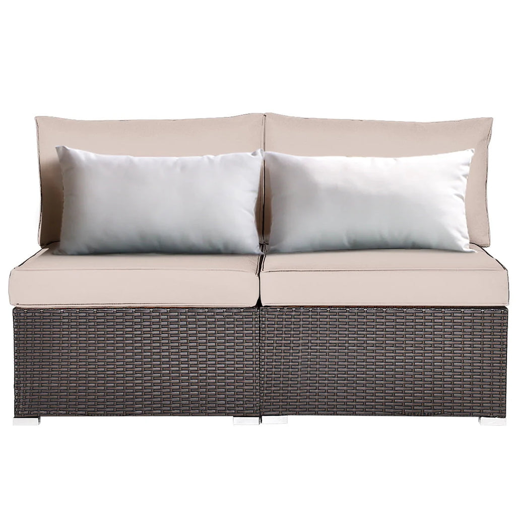 Costway 2PCS Patio Rattan Armless Sofa Sectional Furniture Brown Cushion