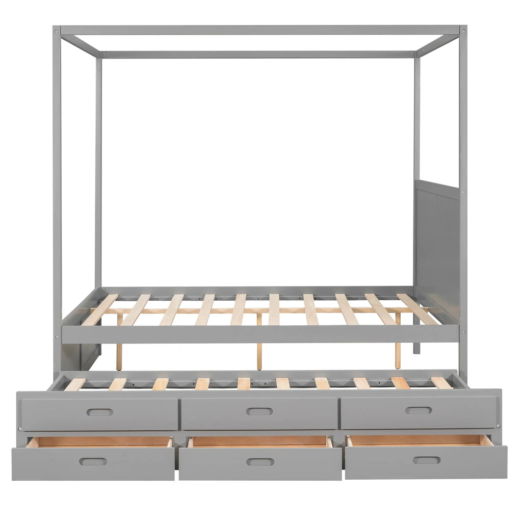 EUROCO Queen Size Canopy Platform Bed with Trundle and Drawers, Gray