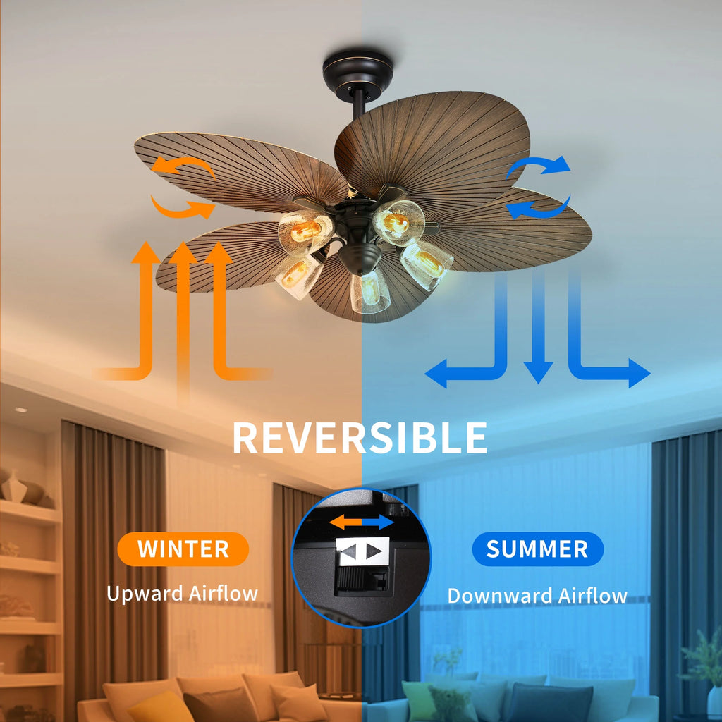 52 Inch Tropical Ceiling Fans with Light and Remote, Fan Light with Memory Function, 3 Speed & Lights Colors Changing, Outdoor Palm Leaf Fan - Brown