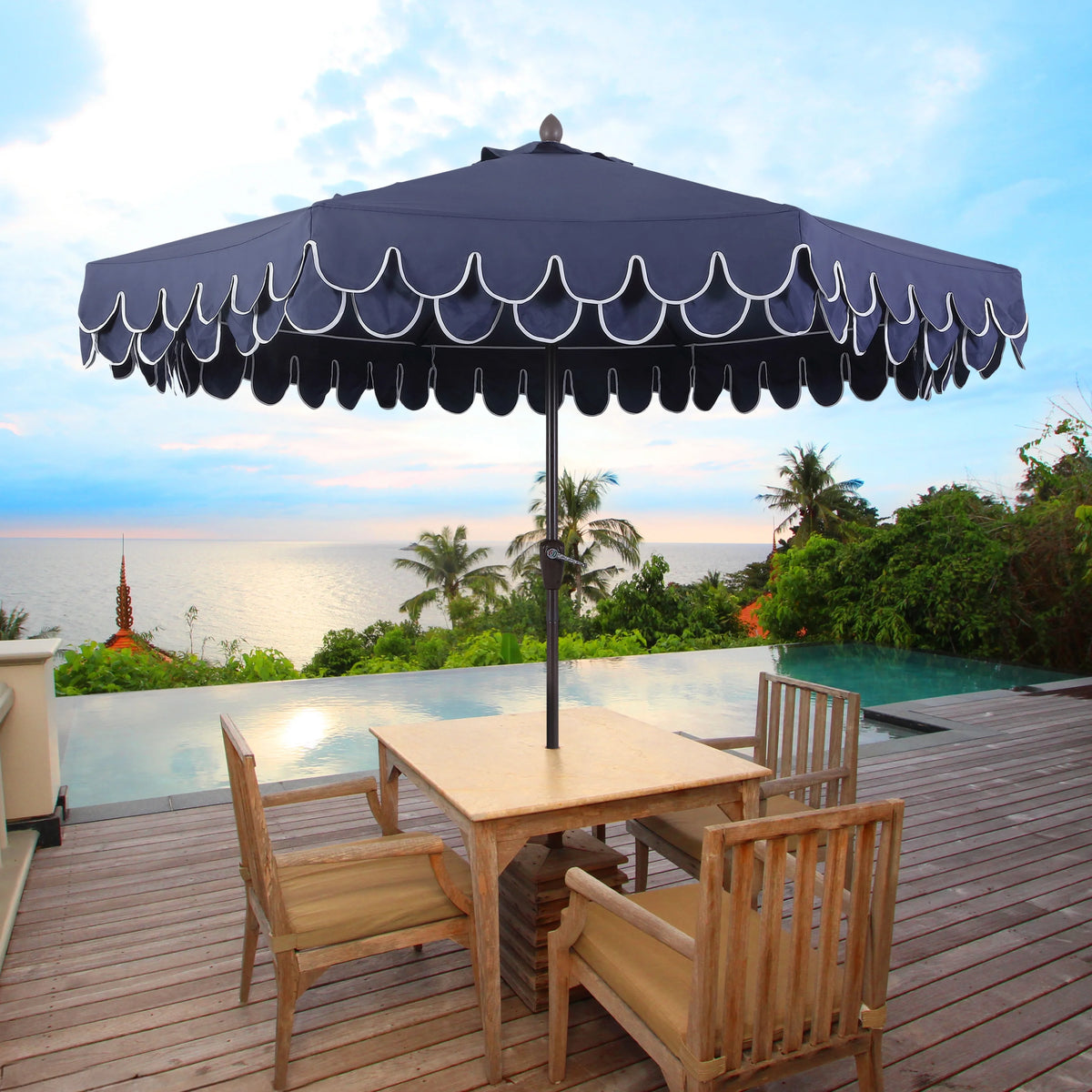 JONATHAN Y Tracy 9 ft. Market Patio Umbrella, Classic Mid-Century Scalloped Fringe, with Auto-Tilt Crank, Wind Vent and UV Protection, Coral Pink/White, Dark Brown Pole