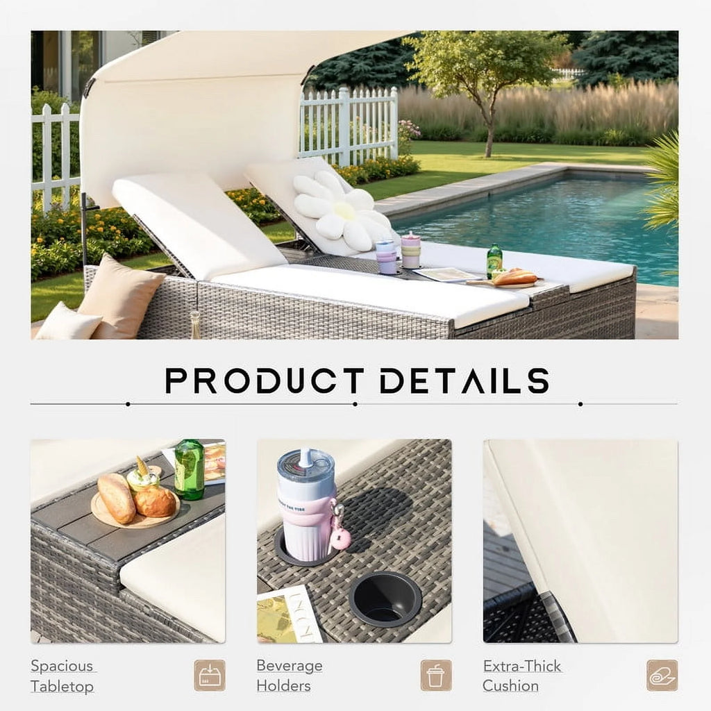 Devoko Rattan Double Lounge Chaise, Adjustable Backrest Daybed with Sunshade and Cup Holder for Deck, Poolside, Balcony,beige