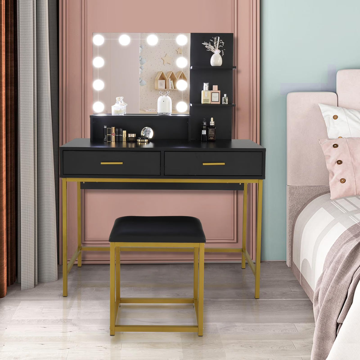 Ktaxon Lighted Makeup Vanity, White Vanity Table Set with 2 Drawer and Charging Station, Femal Gift