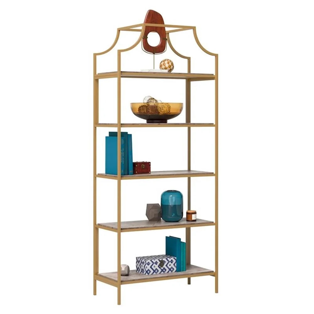 Pemberly Row 5-Shelf Modern Metal Bookcase in Gold Satin/Faux Deco Stone