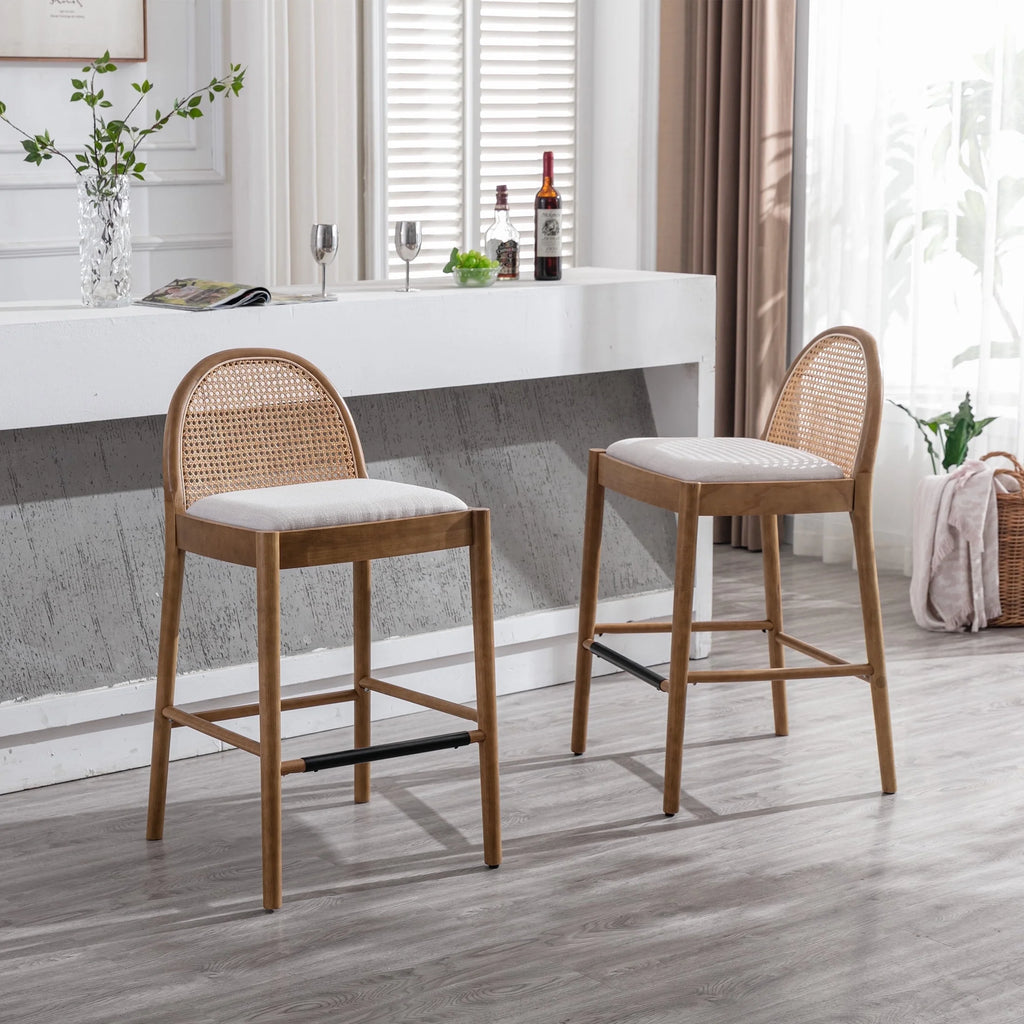 Guyou Modern Bar Stools Set of 2, 26" Counter Height Bar Stools with Natural Rattan Back and Solid Wood Frame, Sherpa Upholstered Kitchen Island Chairs for Bar Island Cafe Kitchen, Black