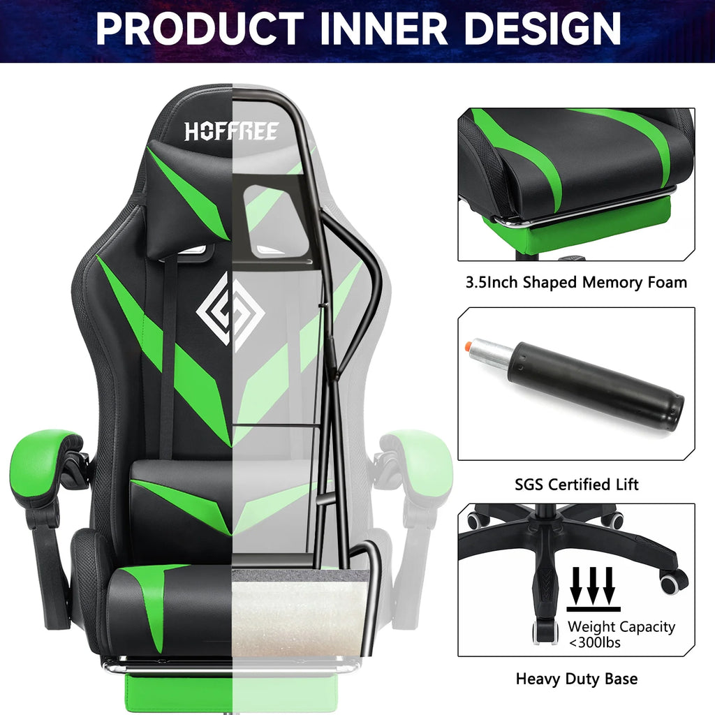 Hoffree Gaming Chair with Speakers PU Leather Office Chair with Footrest and LED Lights Ergonomic Gamer Chair with Massage Lumbar Support and Headrest Adjustable Swivel for Home Office 300lb
