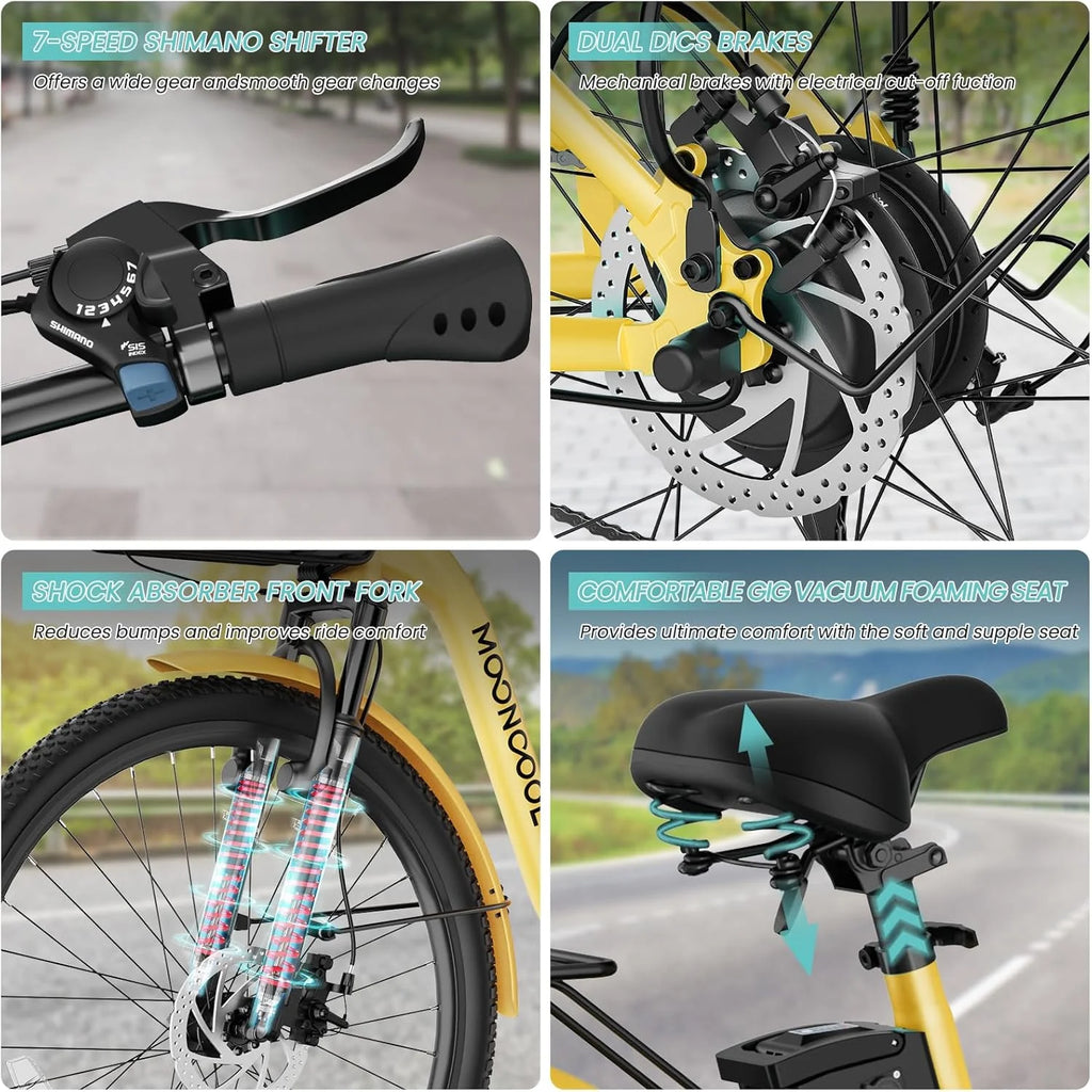 MOONCOOL Electric Bicycle for Adults 350W , 7-Speed Ebike with 36V 10.4Ah Removable Battery�� 40 Miles Range , 20 mph Electric Commuter Bike for Women Men, Certified to UL 2849 by SGS