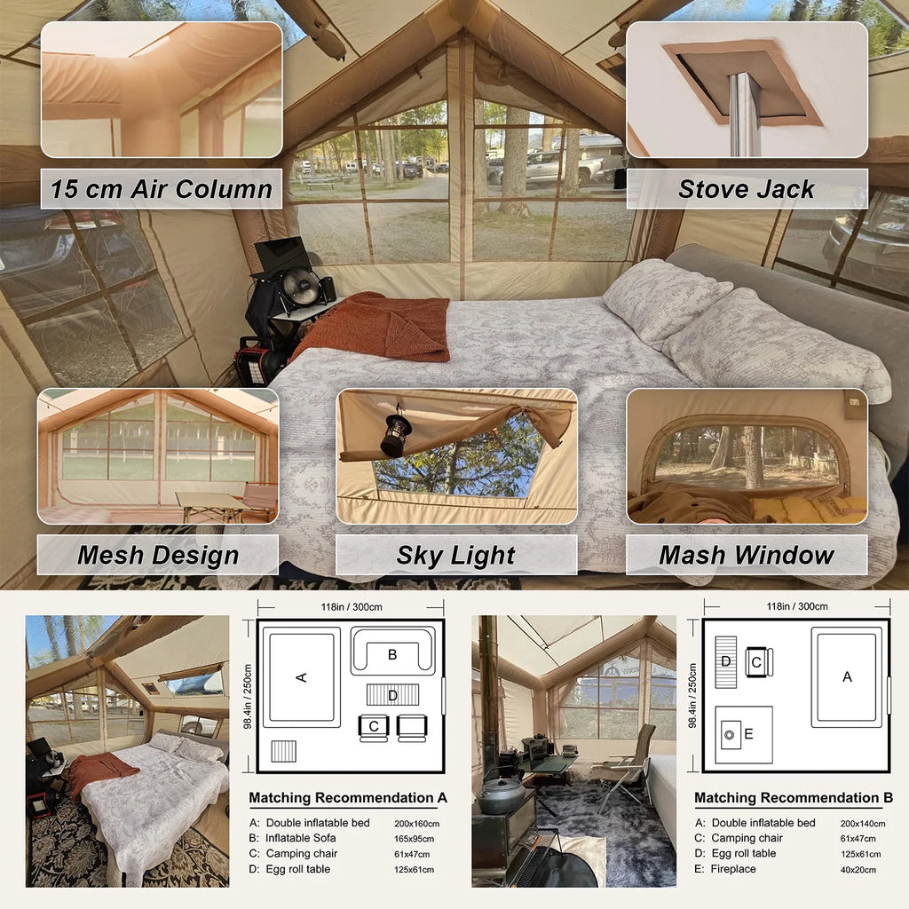 9.8' x 7' Inflatable Camping Tent,4 Season Blow up Tents for Camping, 4-6 Person Inflatable Tent with Stove Jack,Air Tents,Glamping Tent,Waterproof Luxury House with Mesh Window