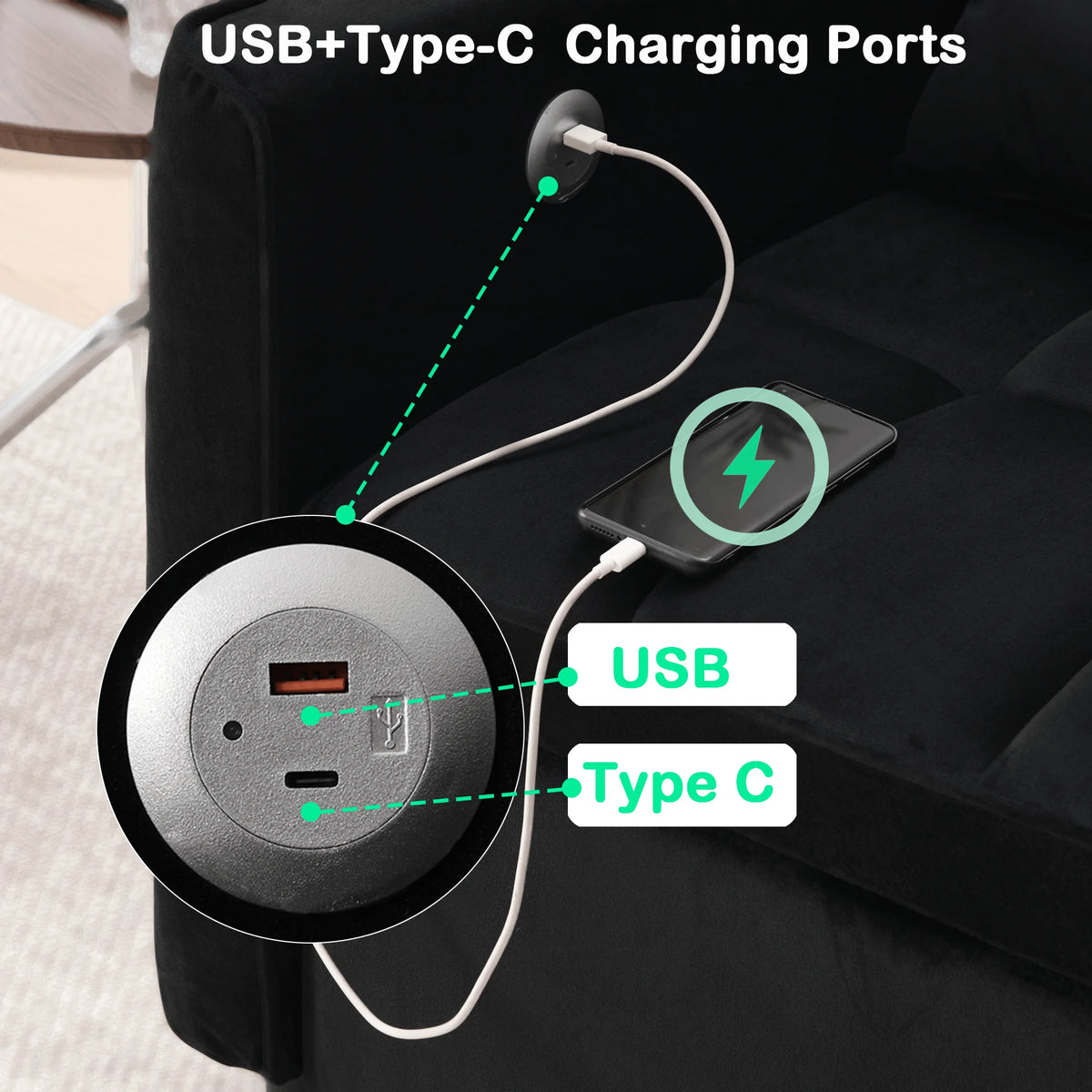BINBANK Black Velvet 3-in-1 Convertible Sleeper Sofa Bed a?? USB Charging, Adjustable Backrest Pull-Out Futon Loveseat Couch for Living Room, Apartment & Small Space