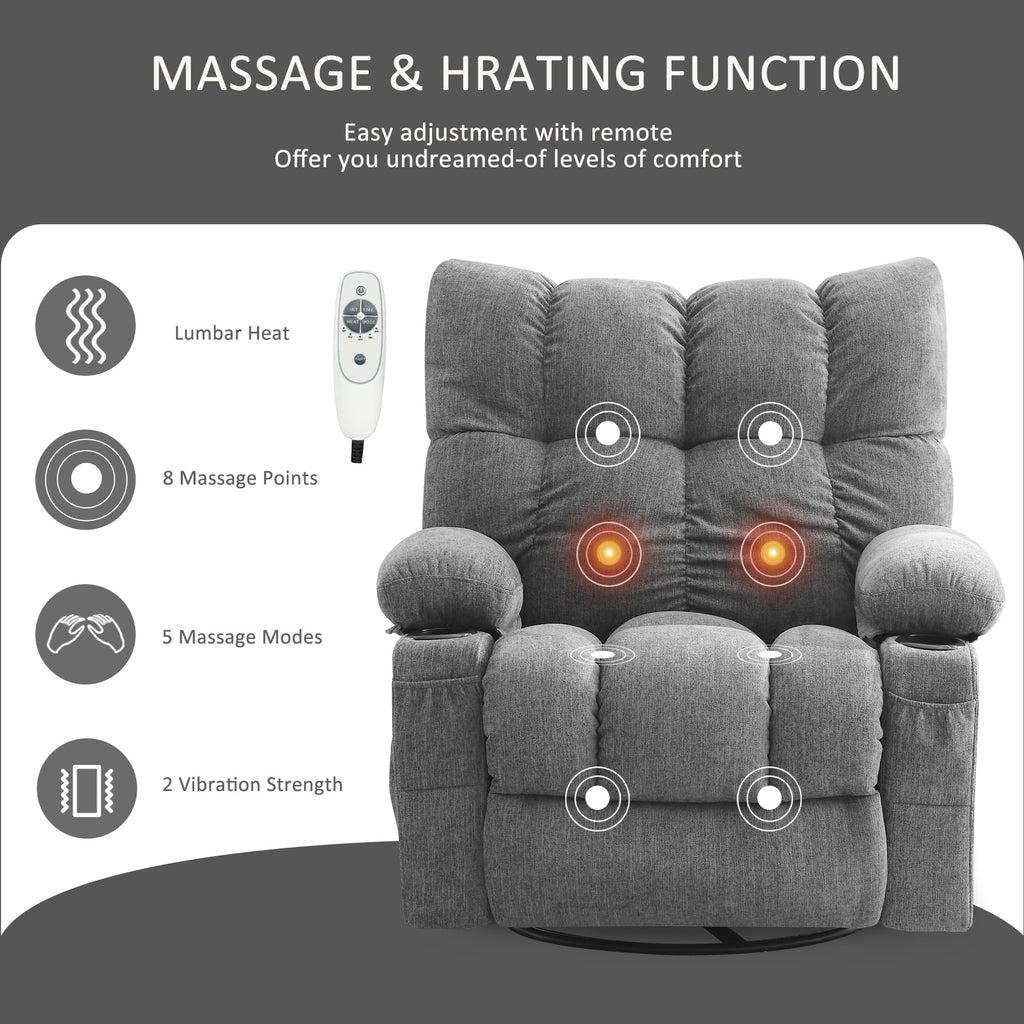 JONPONY Manual Recliner Chair with Heat Therapy and Massage Function, Heavy Duty Reclining Mechanism Massage Chair, Elderly Single Rocker Sofa with Cup Holders for Bedroom Home Theater,Grey