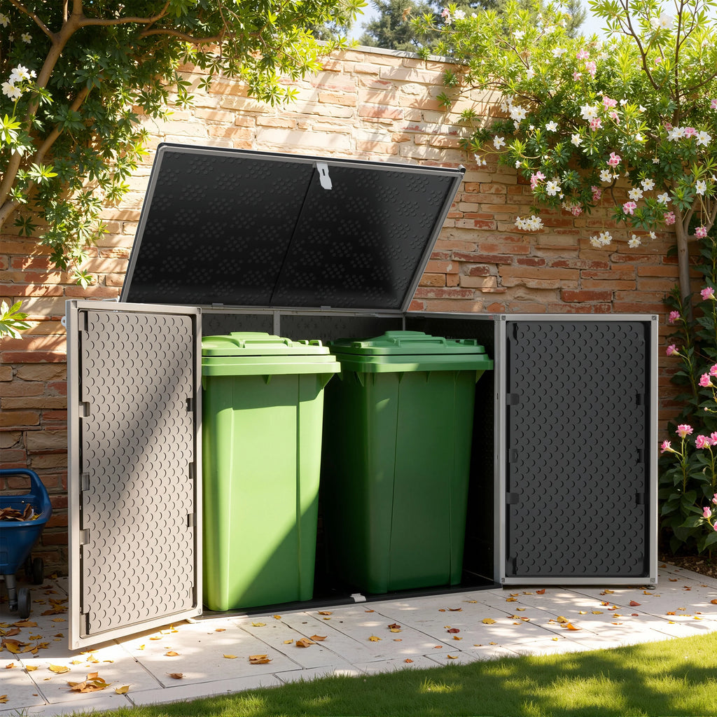 51 Cu Ft Outdoor Storage Shed, Resin Storage Cabinet with Door & Lock, Multi-Purpose Outdoor Shed for Garbage Cans, Garden Tools, Bikes, Easy to Assemble, Gray