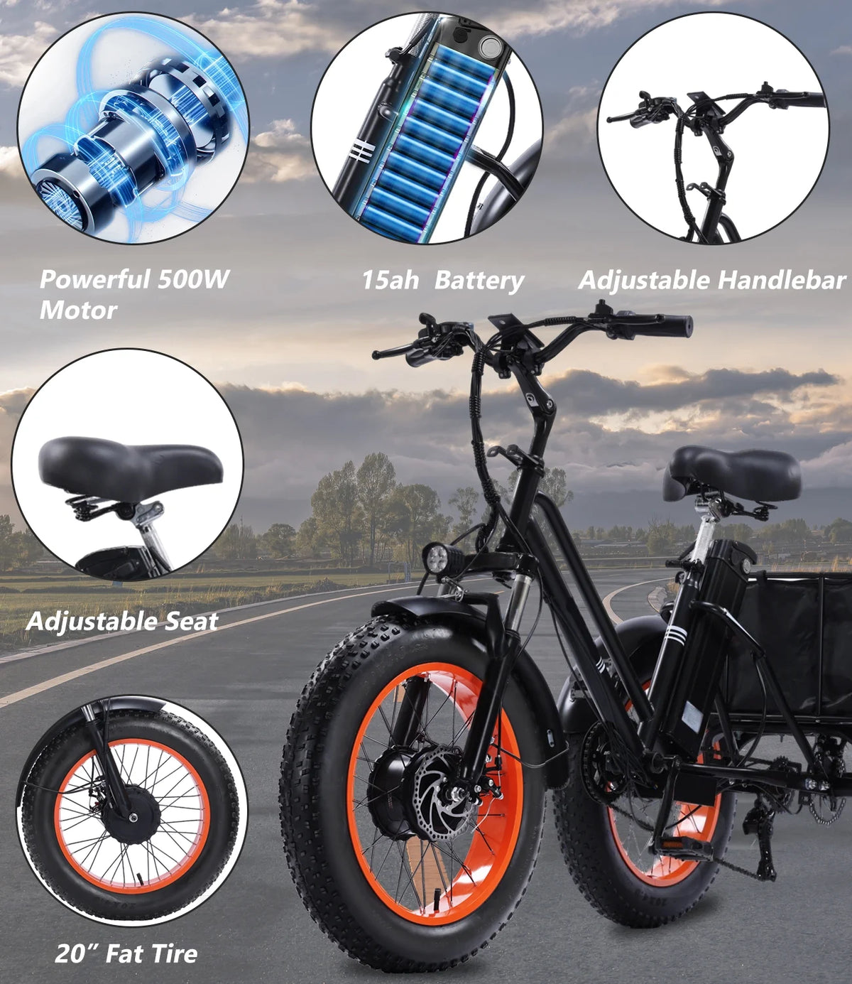 YEBEI Electric Tricycle for Adults Folding E-Trike Motorized Tricycle Electric 3 Wheels Trike Powerful 500W Motor Electric Tricycle 48V15AH Lithium Battery Max 20MPH 20*4.0�� Fat Tire Orange