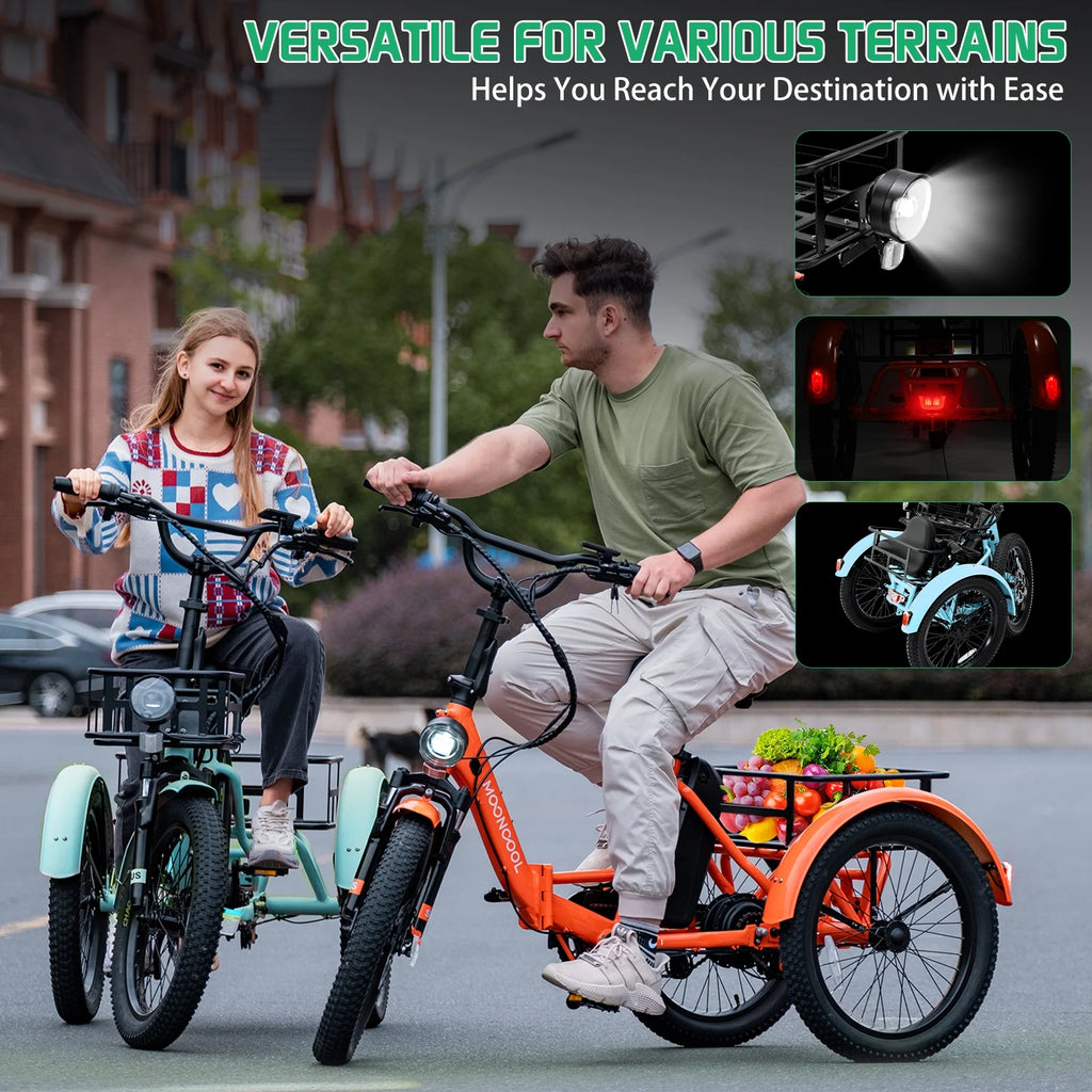 MOONCOOL TK1 Folding Electric Tricycle for Adults,48V 14.5Ah Removable battery, 500W（Peak 1000w）Motor, 20" Fat Tire Step-Thru 3Wheel Electric Bicycle w/Front&Rear Baskets, Certified to UL 2849 by SGS