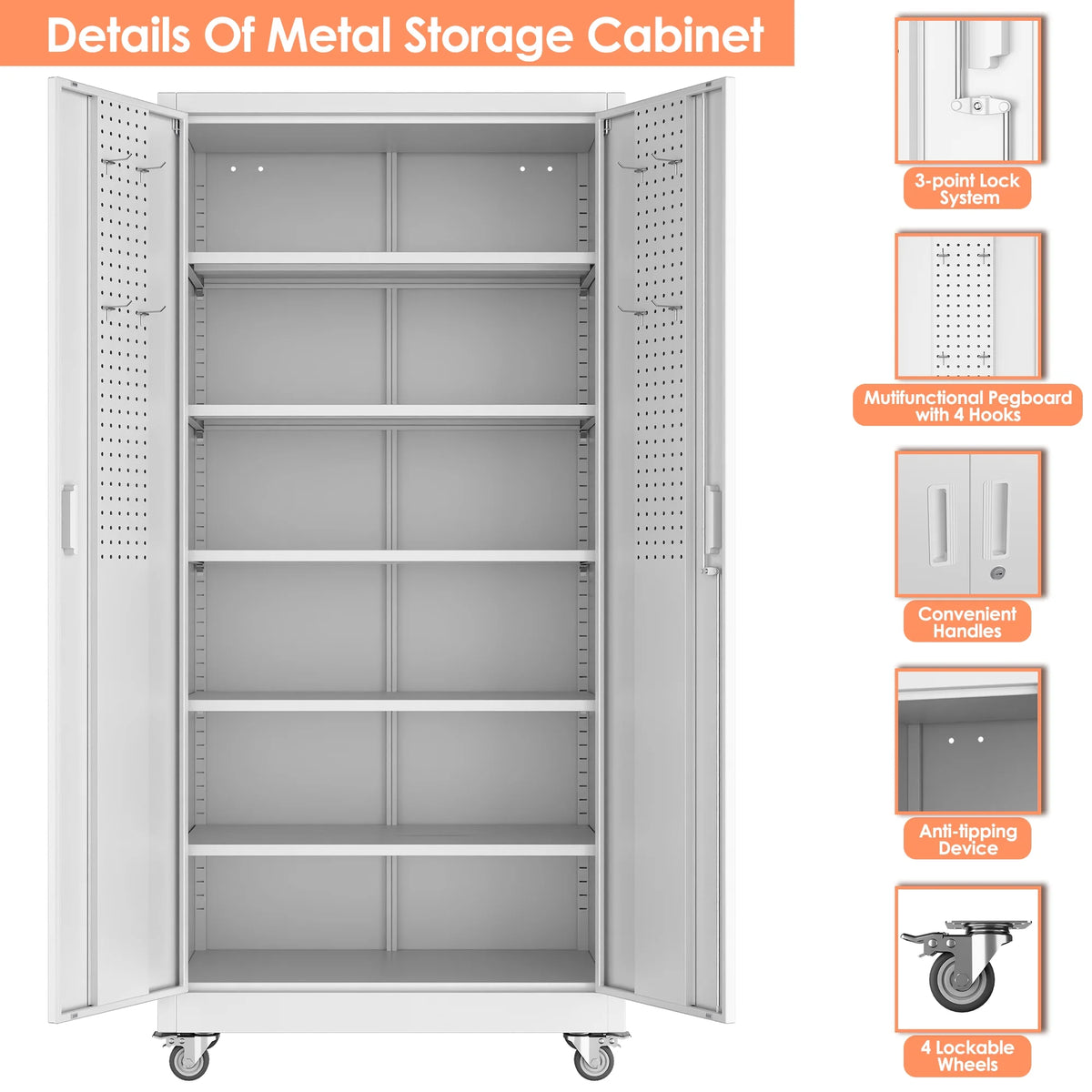 Supeer Locking Storage Cabinet with 5 Adjustable Shelves, Steel, Black, 71" H, Assemble Required