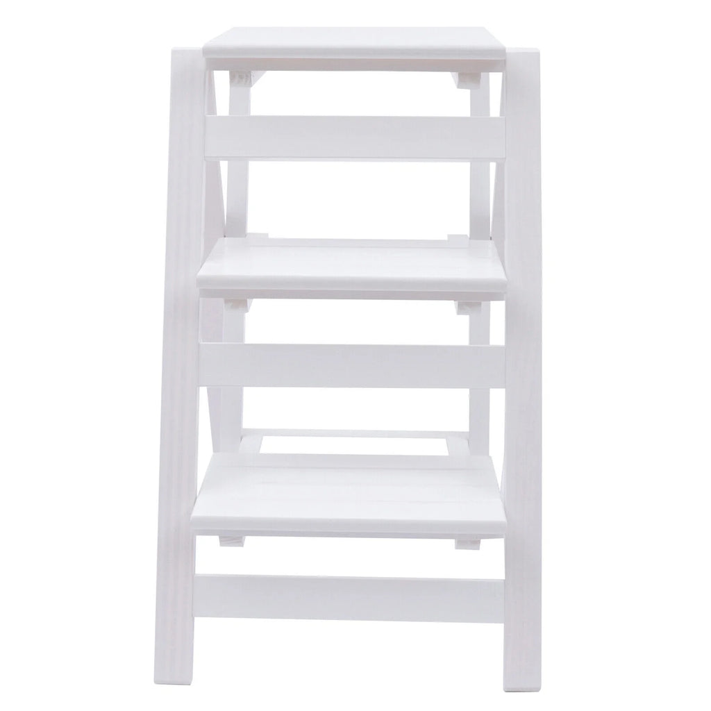 White 3-Tier Step Stool Solid Wood Folding Ladder Anti-Slip Step Stool