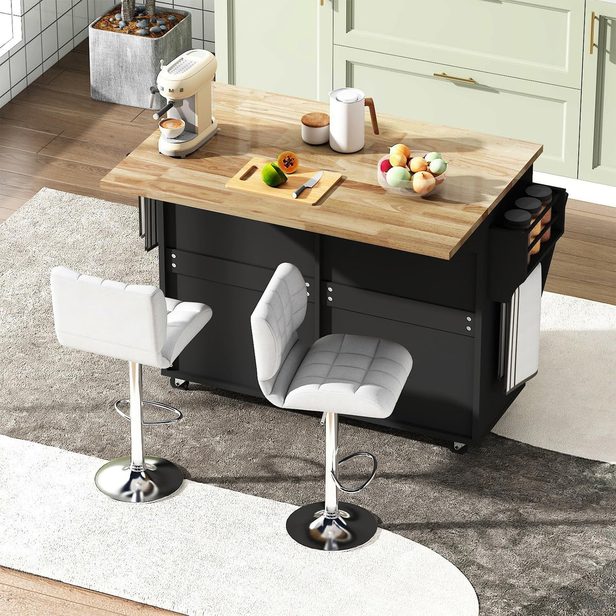 ANPOO 67" Rolling Kitchen Island with Drop Leaf, Tilt Out Kitchen Trash Cabinet 10 Gallon Storage, Kitchen Cart Island with Rubber wood Top, Spice Rack and Drawers