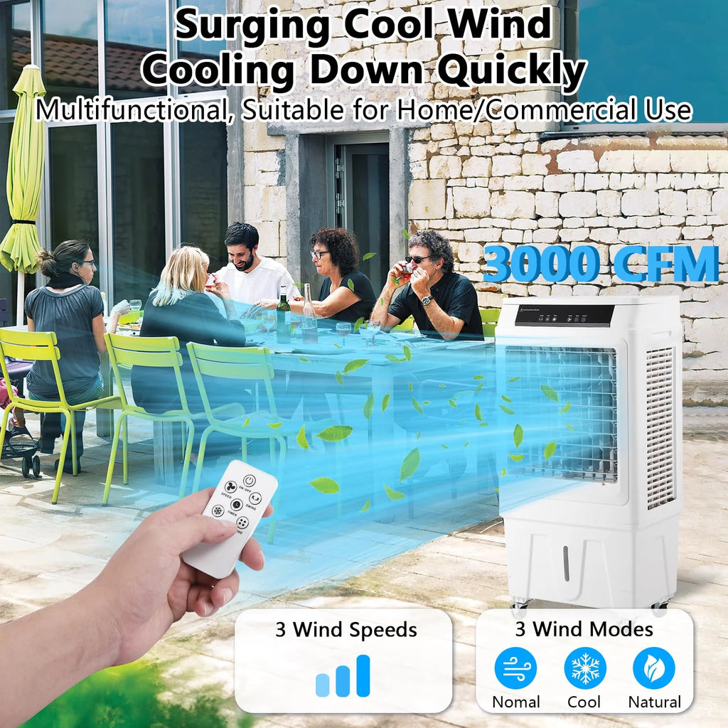 10.3 Gallon Evaporative Air Cooler,  3000CFM Swamp Cooler with Remote Control and 12H Timer, 4 Ice Packs, 3 Modes & Wind Speeds for Outdoor