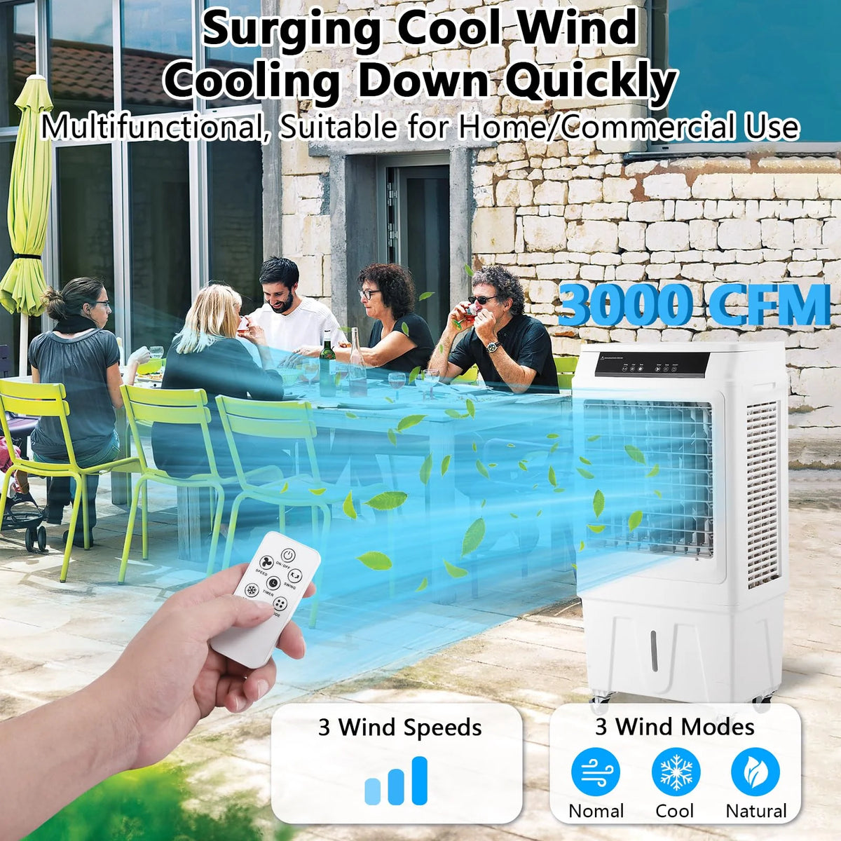 10.3 Gallon Evaporative Air Cooler,  3000CFM Swamp Cooler with Remote Control and 12H Timer, 4 Ice Packs, 3 Modes & Wind Speeds for Outdoor