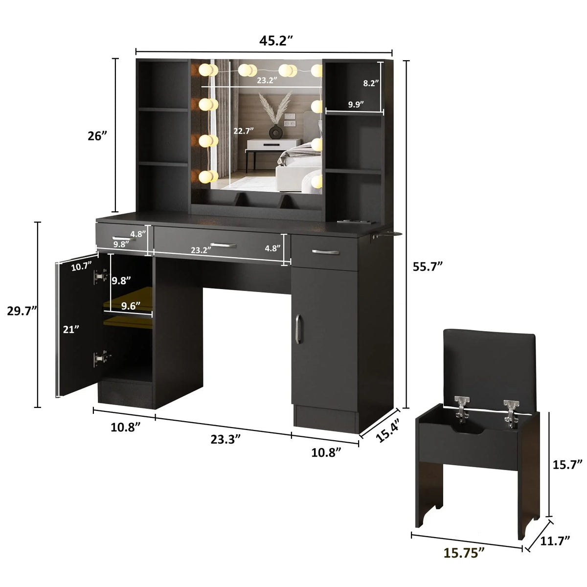 VEANERWOOD Large Makeup Vanity Set with Light Modern Makeup Vanity Table with Storage and Adjustable Lighting Colors for Bedroom 45.2in, White