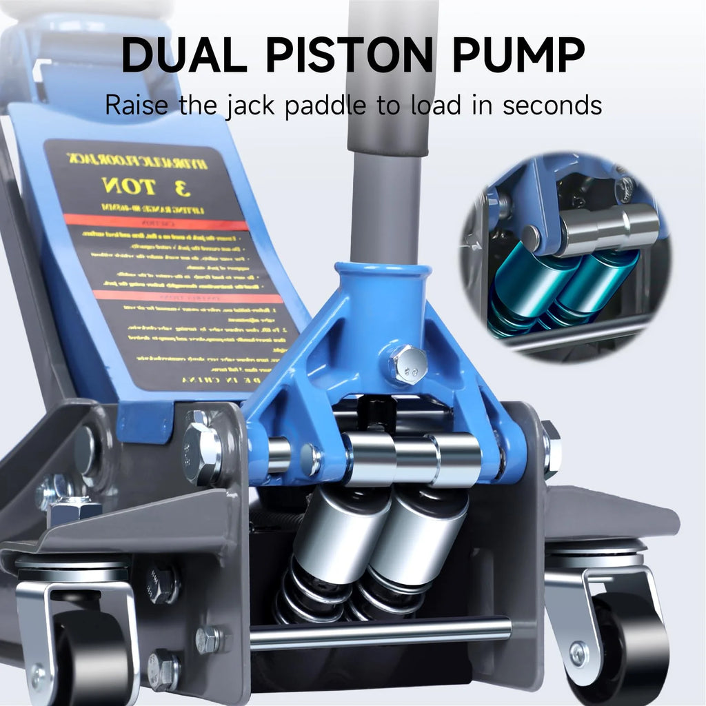 3 Ton Heavy Duty Floor Jack, Fast Lift & Stable Support, Carbon Steel Automotive Jack with Wheels, Max Lift 18.15" for Car and Truck Repair, Blue