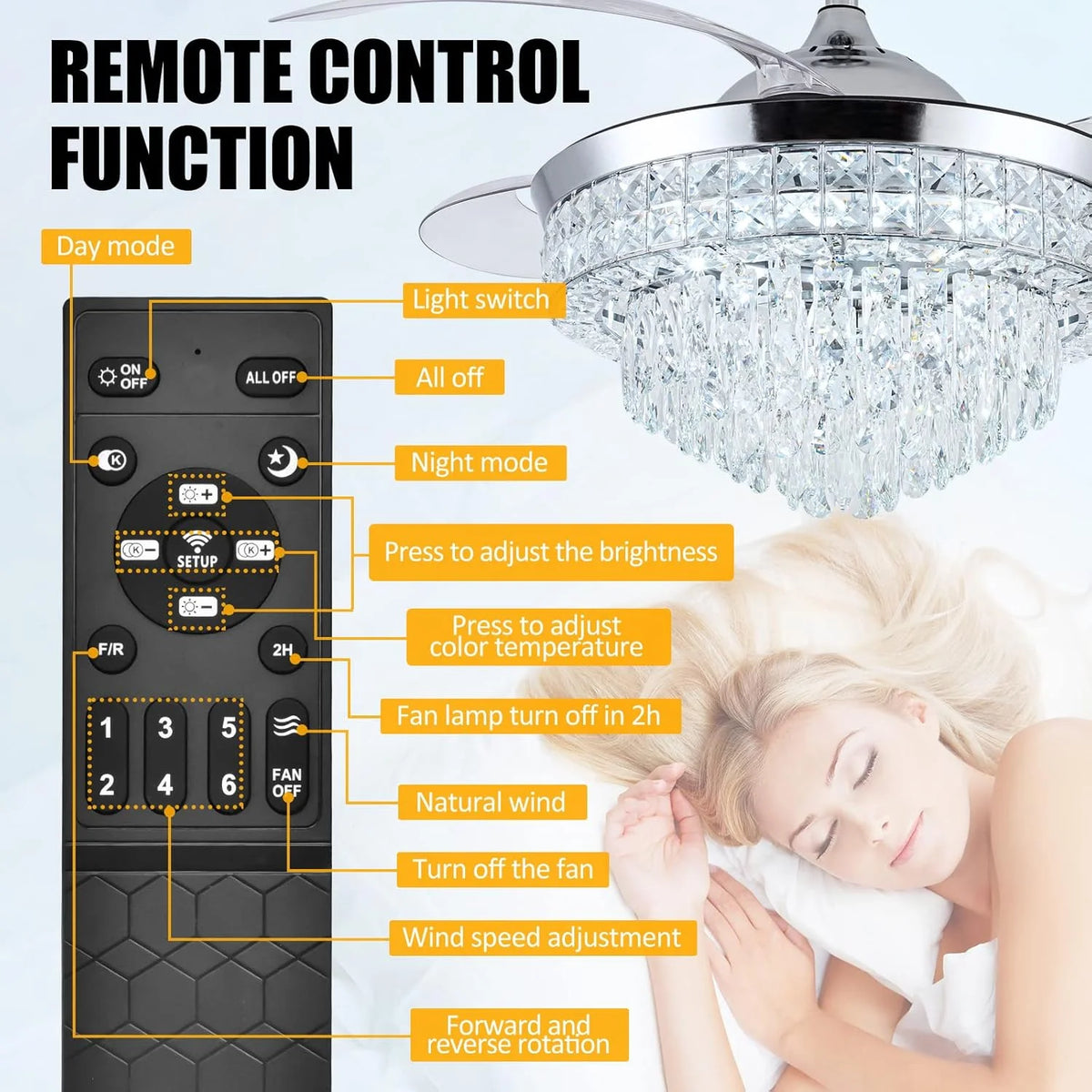 Datingday 42 Inch Crystal Ceiling Fan Golden Crystal Ceiling Fan Chandelier with Remote 6 Speeds 3 Colors Changes Lighting Fixture, 4 Blades Retractable Fans for Bedroom Living Room Dining Room