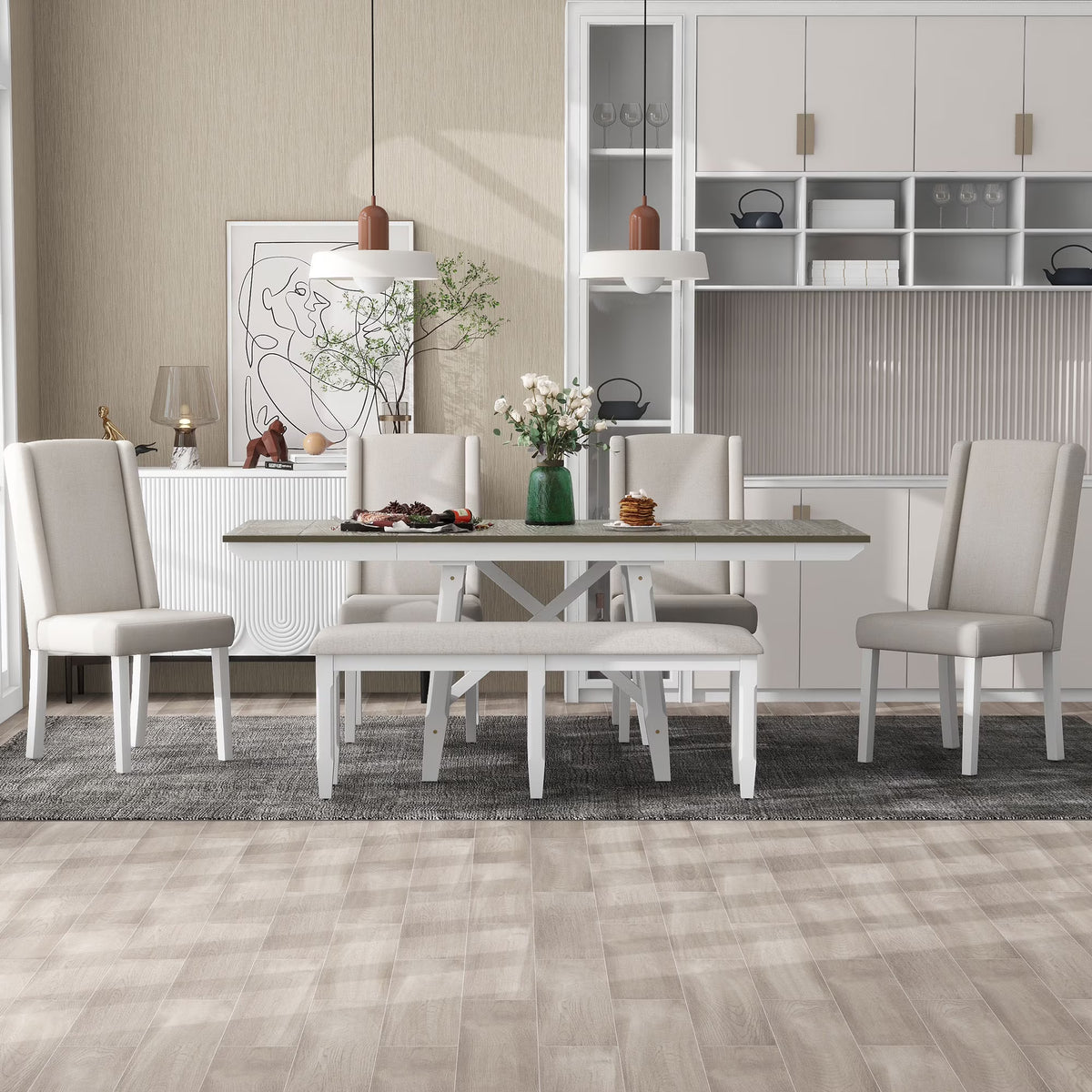 6 Piece Extendable Dining Table Set, Atumon Wood Dining Room Set for 6, Dining Table Set with 4 Beige Cushioned Chairs and Bench, Farmhouse Dining Table Set Furniture for Kitchen Dining Room, Natural