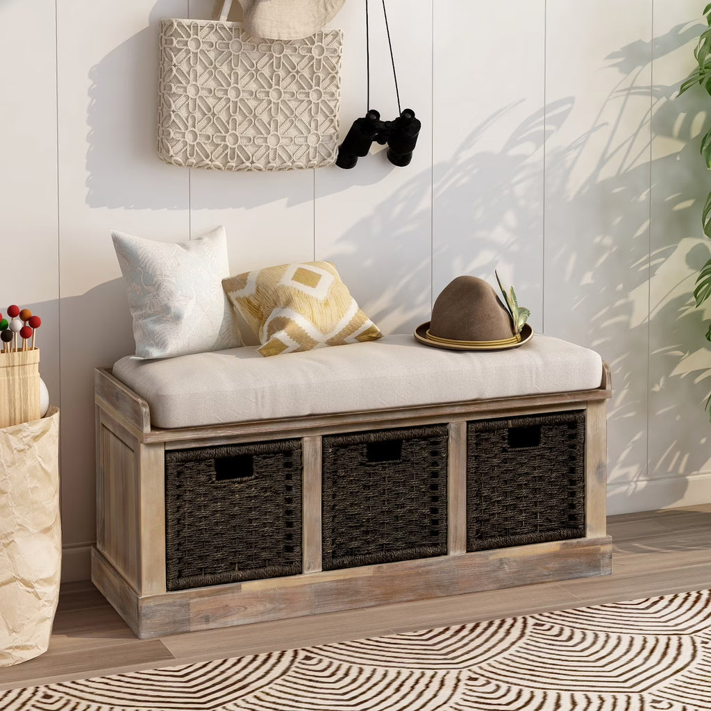 Entryway Storage Bench with 3 Woven Baskets and Removable Cushion, Entry Hallway Foyer Shoe Bench End of Bed Bench, Fully Assembled, 41.3" L x 15.7" W x 17" H (White&nbsp;Washed)