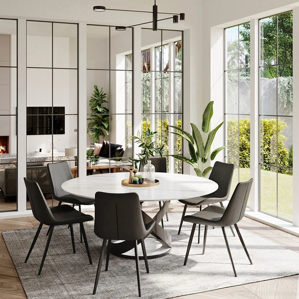 POVISON 7PCS Modern Dining Table Sets (59"Table + 6 Chairs), Round Glossy Sintered Stone Dining Table with Dining Chairs
