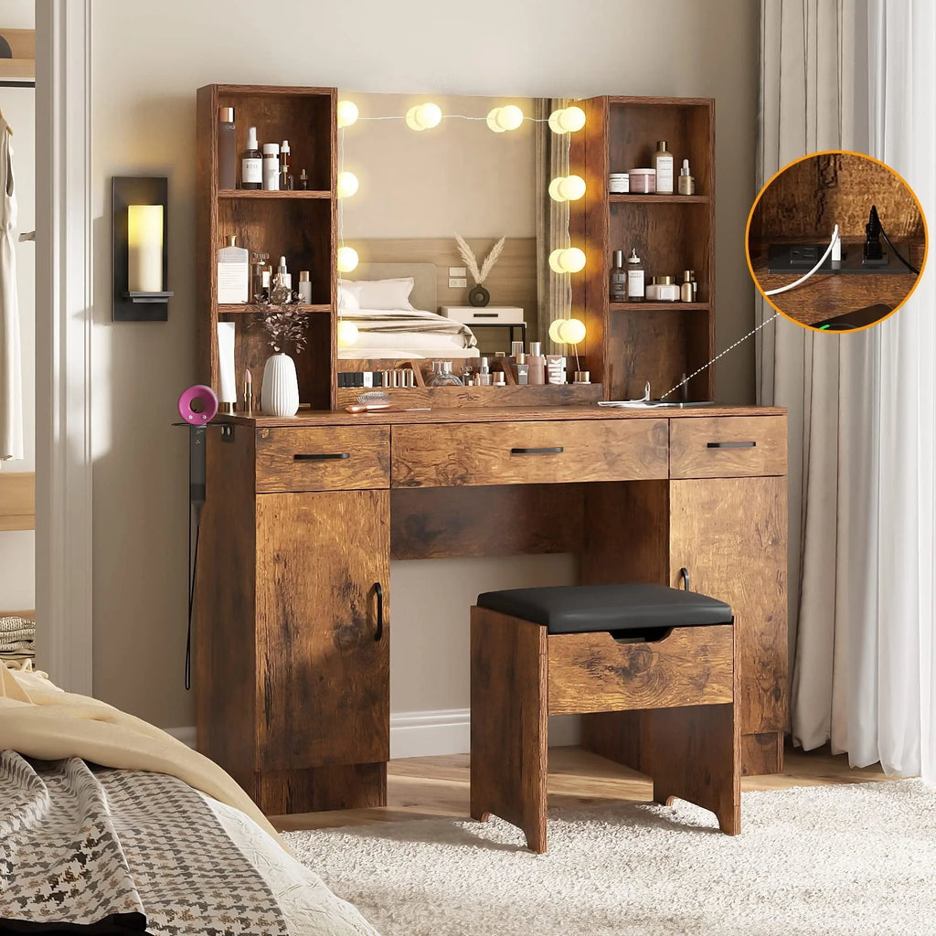 Veanerwood Large Makeup Vanity Set with Lights, White Bedroom Makeup Vanity Table with Storage, 3 Adjustable Lighting Colors, Modern, 45.2in
