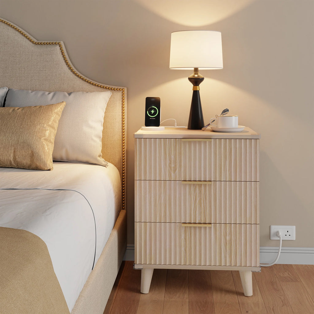 GIKPAL Night Stands for Bedroom, Modern Bedside Table with 3 Drawers & Charging Station,Fluted Panel End Tables for Bedroom  & Living Room, Natural