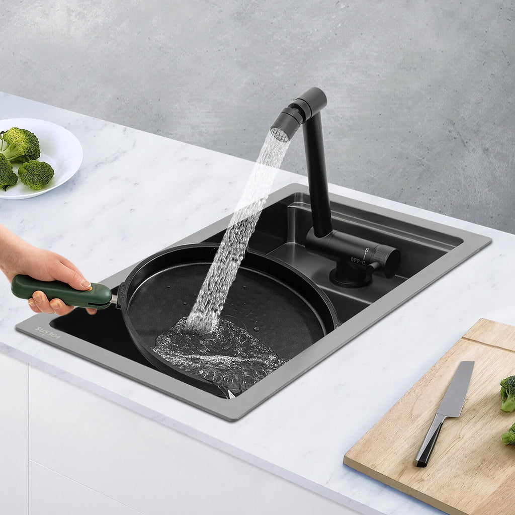 Modern Drop in Bar Sink, Single Bowl Kitchen Sink with Foldable Faucet, Black Nano 304 Stainless Steel Utility Sink for Compact Kitchen Commercial Hotel RV Laundry