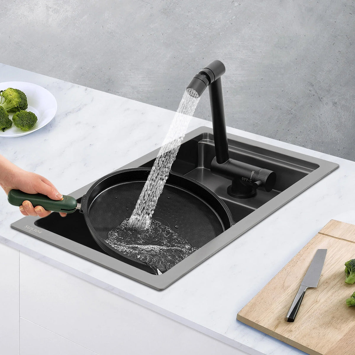 Modern Drop in Bar Sink, Single Bowl Kitchen Sink with Foldable Faucet, Black Nano 304 Stainless Steel Utility Sink for Compact Kitchen Commercial Hotel RV Laundry