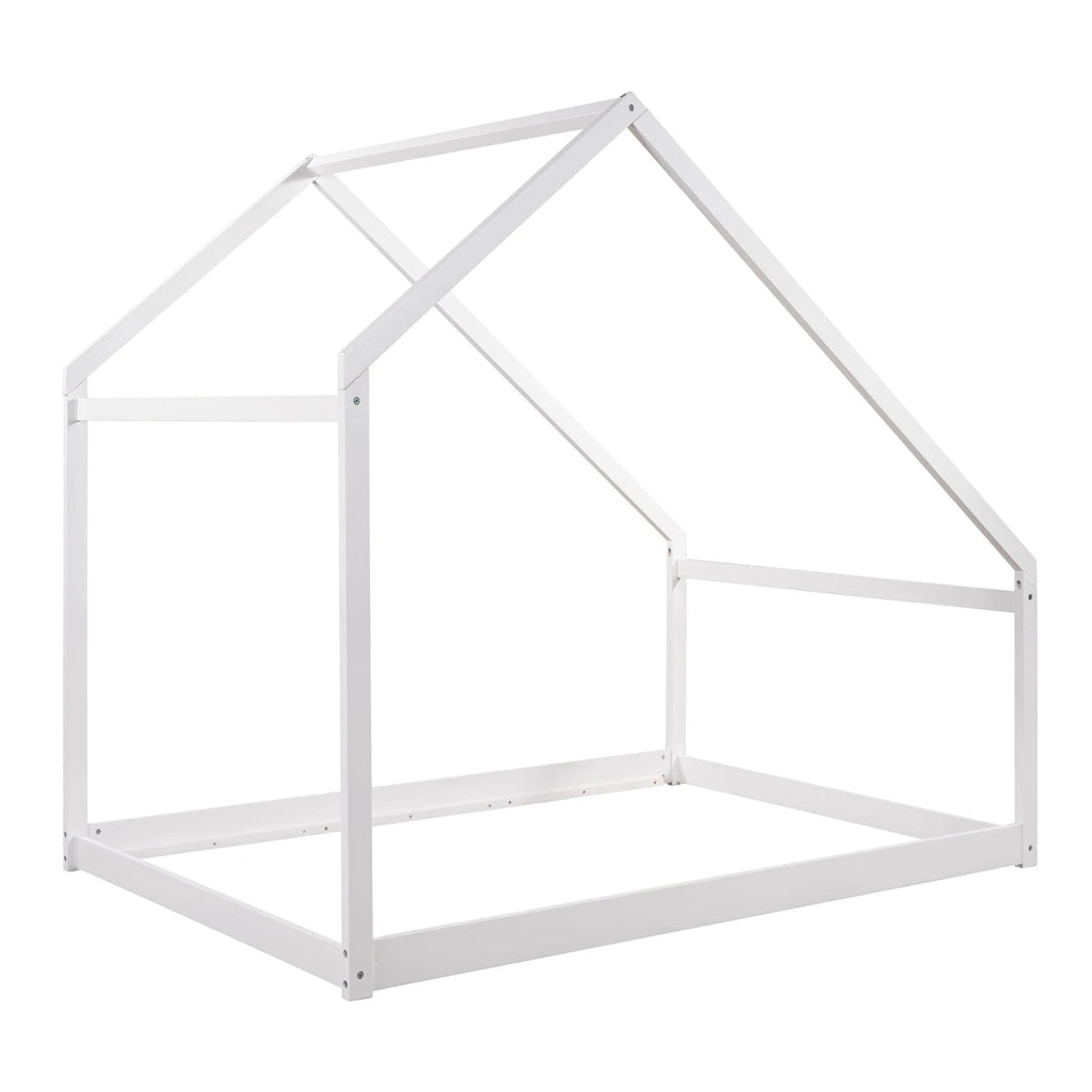 Full Size House Bed, Wooden Floor Bed Frame with Roof for Toddlers Kids Girls Boys, Can be Decorated, White 77.8"L x 56.8"W x73.2"H
