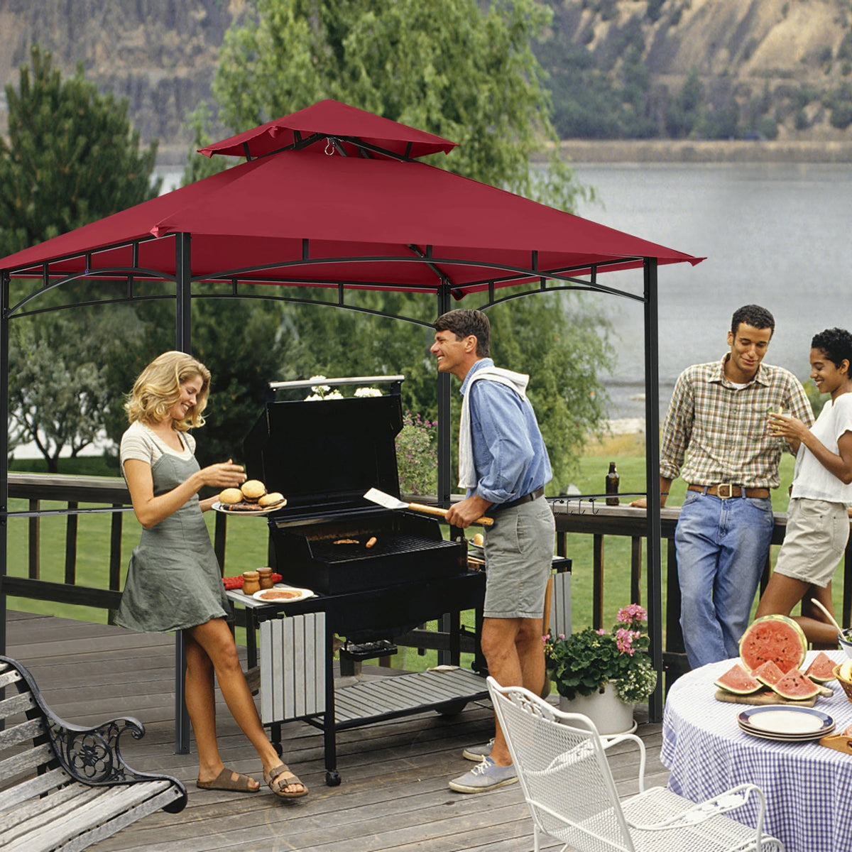 MASTERCANOPY 8' x 5' Grill Gazebo Outdoor BBQ Gazebo Canopy with LED Lights for Patio, Brown
