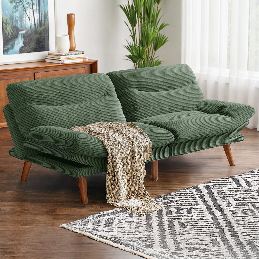 CHITOOMA 66" Futon Sofa Bed with Adjustable Backrest and 6-Level Armrests, Grey Corduroy Convertible Futon Couch, Comfy Loveseat for Small Spaces, Apartment or Office